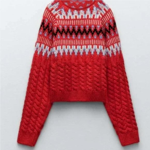 ZARA CABLE KNIT JACQUARD SWEATER Red Fair Isle LONG SLEEVE RED 5802/145 M NEW - Picture 4 of 9